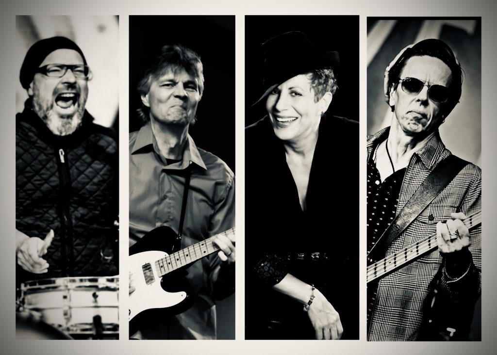 Auf dem Bild in schwarz-weiß sind die vier Musiker von Kat Baloun & The Frostbites als Collage zu sehen.