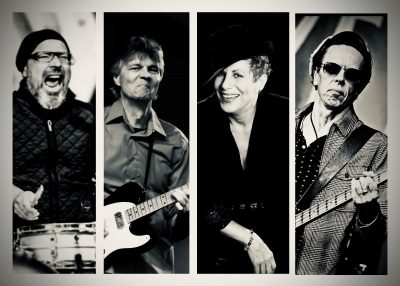 Auf dem Bild in schwarz-weiß sind die vier Musiker von Kat Baloun & The Frostbites als Collage zu sehen.