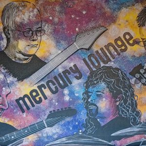 Auf dem Bild ist eine gemalte Collage der vier Musiker von Mercury Lounge zu sehen.