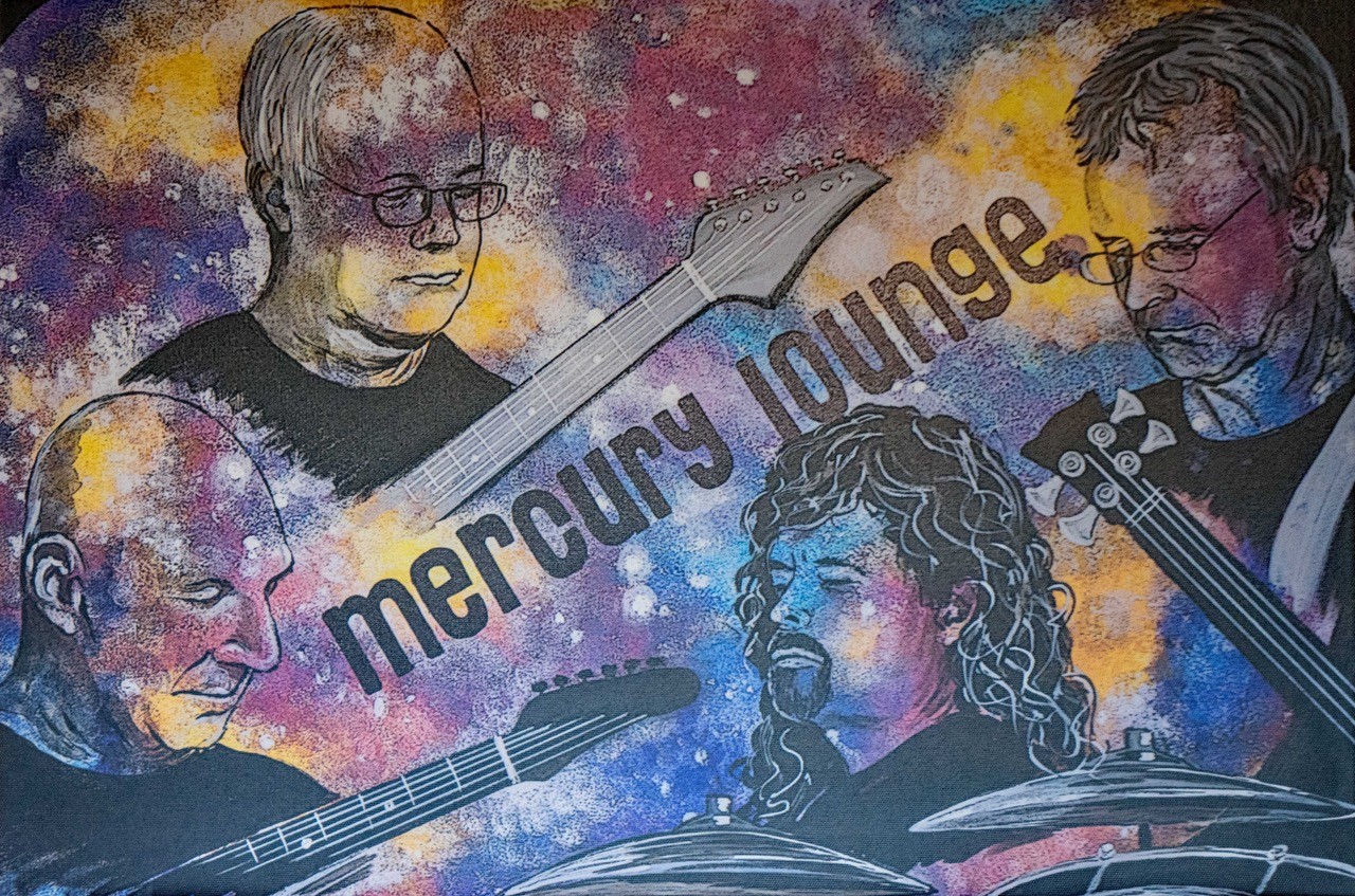 Auf dem Bild ist eine gemalte Collage der vier Musiker von Mercury Lounge zu sehen.